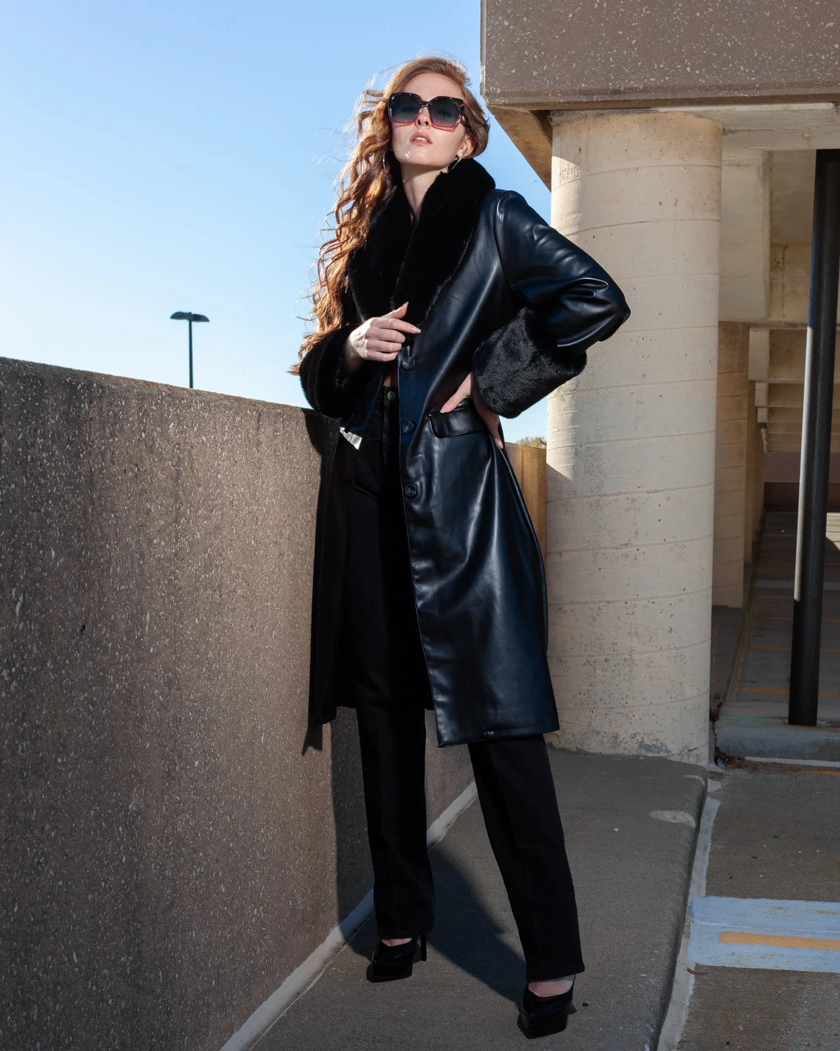 Paris Black Vegan Leather   Fur Removable Collar Trench Coat