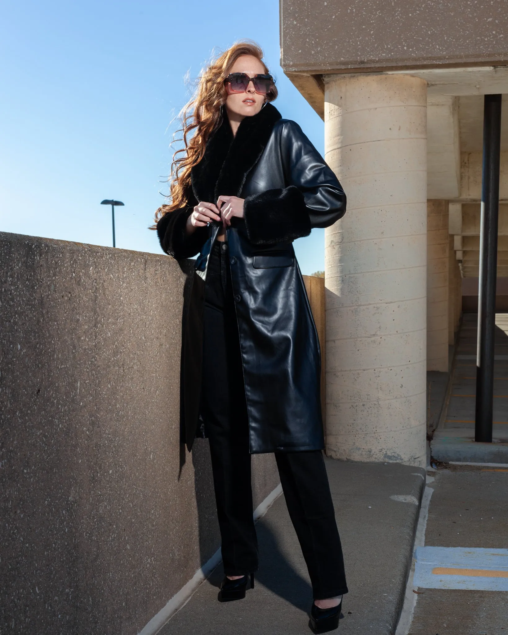 Paris Black Vegan Leather   Fur Removable Collar Trench Coat