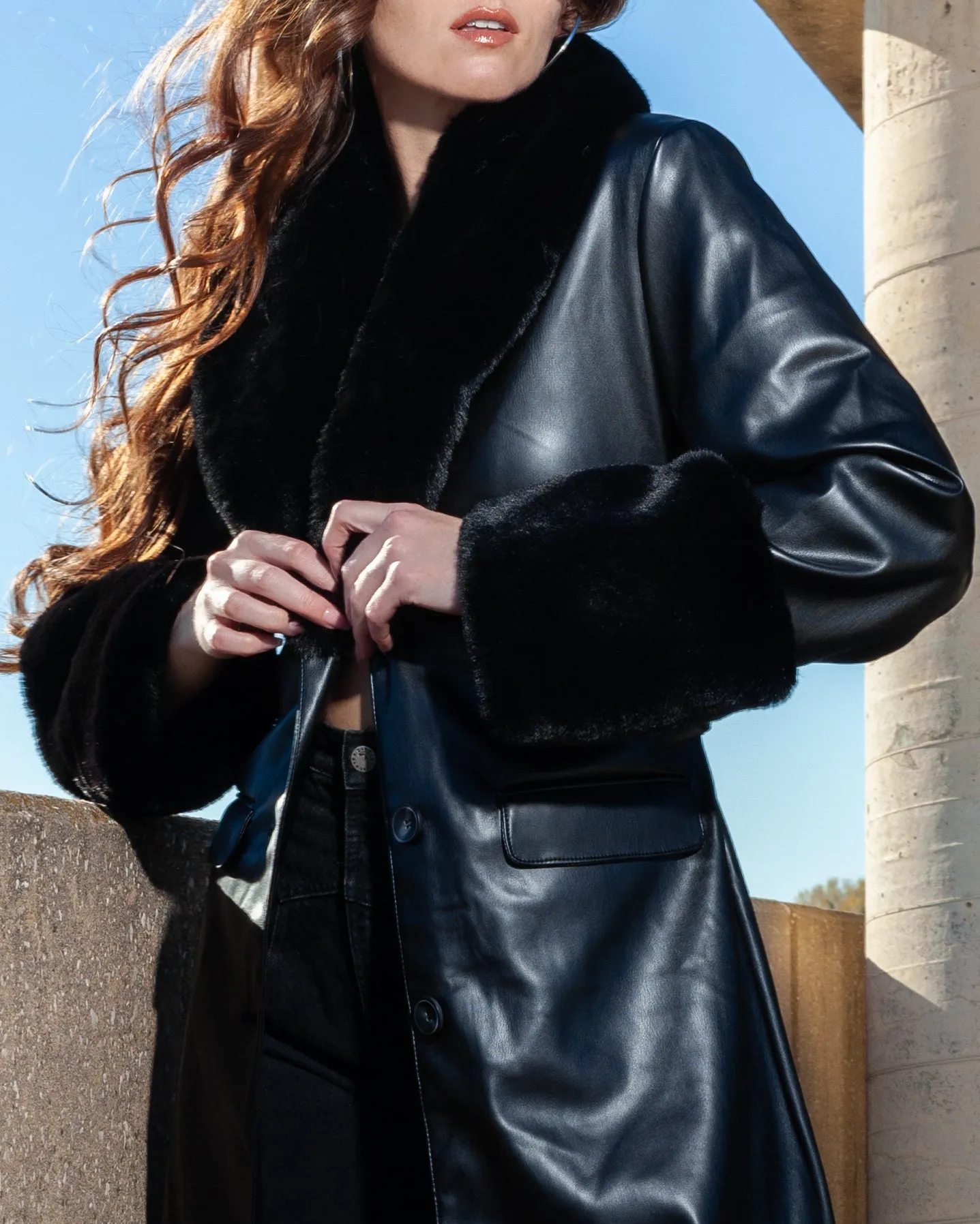 Paris Black Vegan Leather   Fur Removable Collar Trench Coat