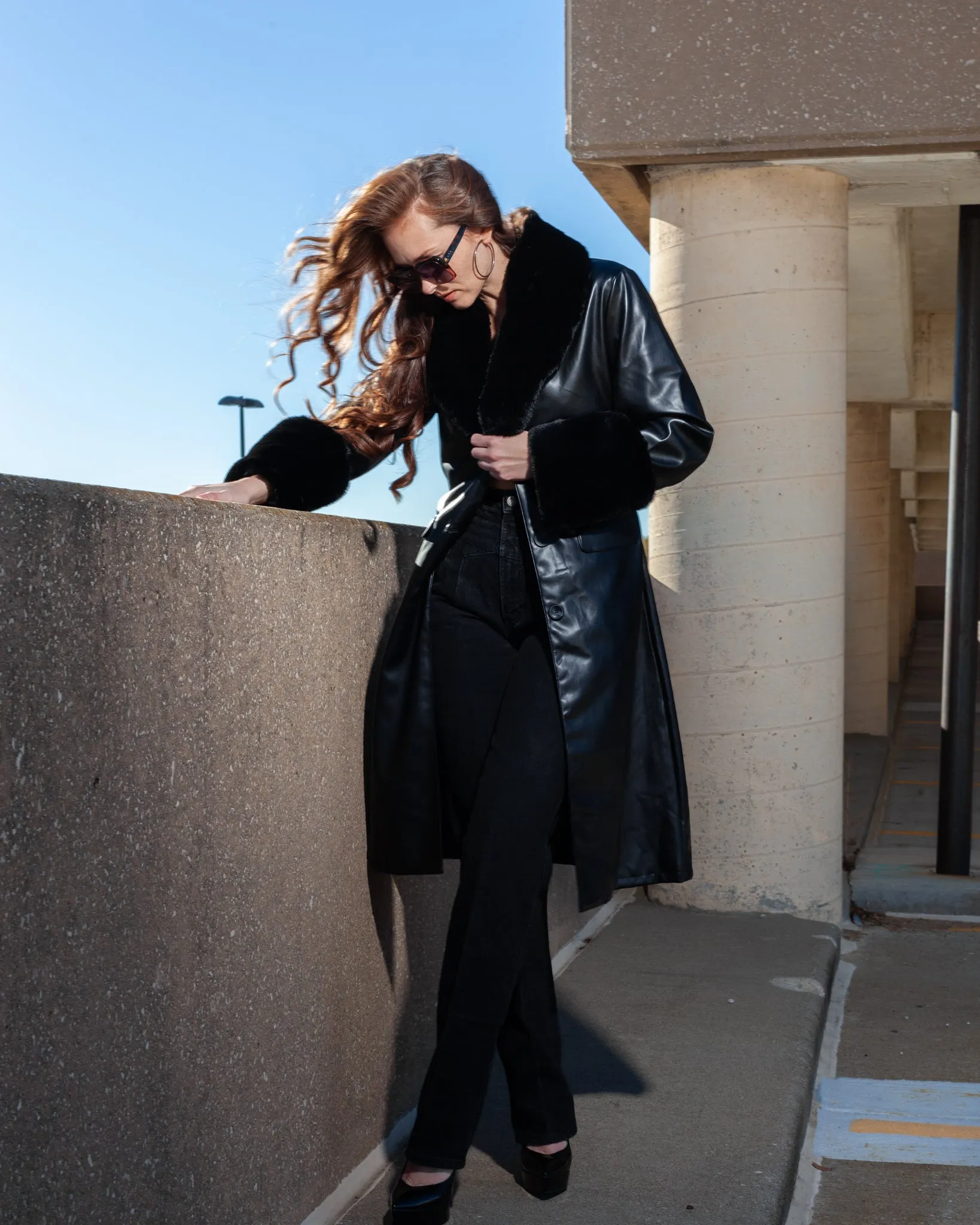 Paris Black Vegan Leather   Fur Removable Collar Trench Coat