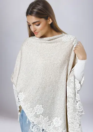 Petite Oatmeal Mélange Knitted Wool Poncho with Ivory Chantilly Lace