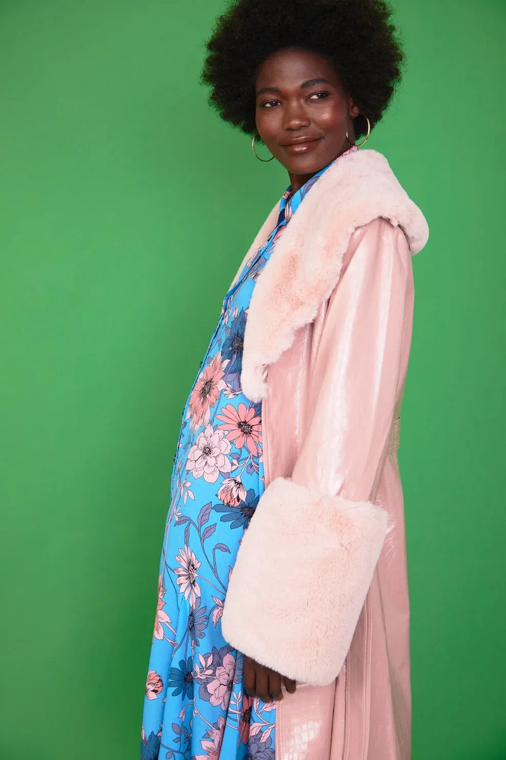 Pink Faux Leather Jacket with Detachable Faux Fur Cuffs and Collar