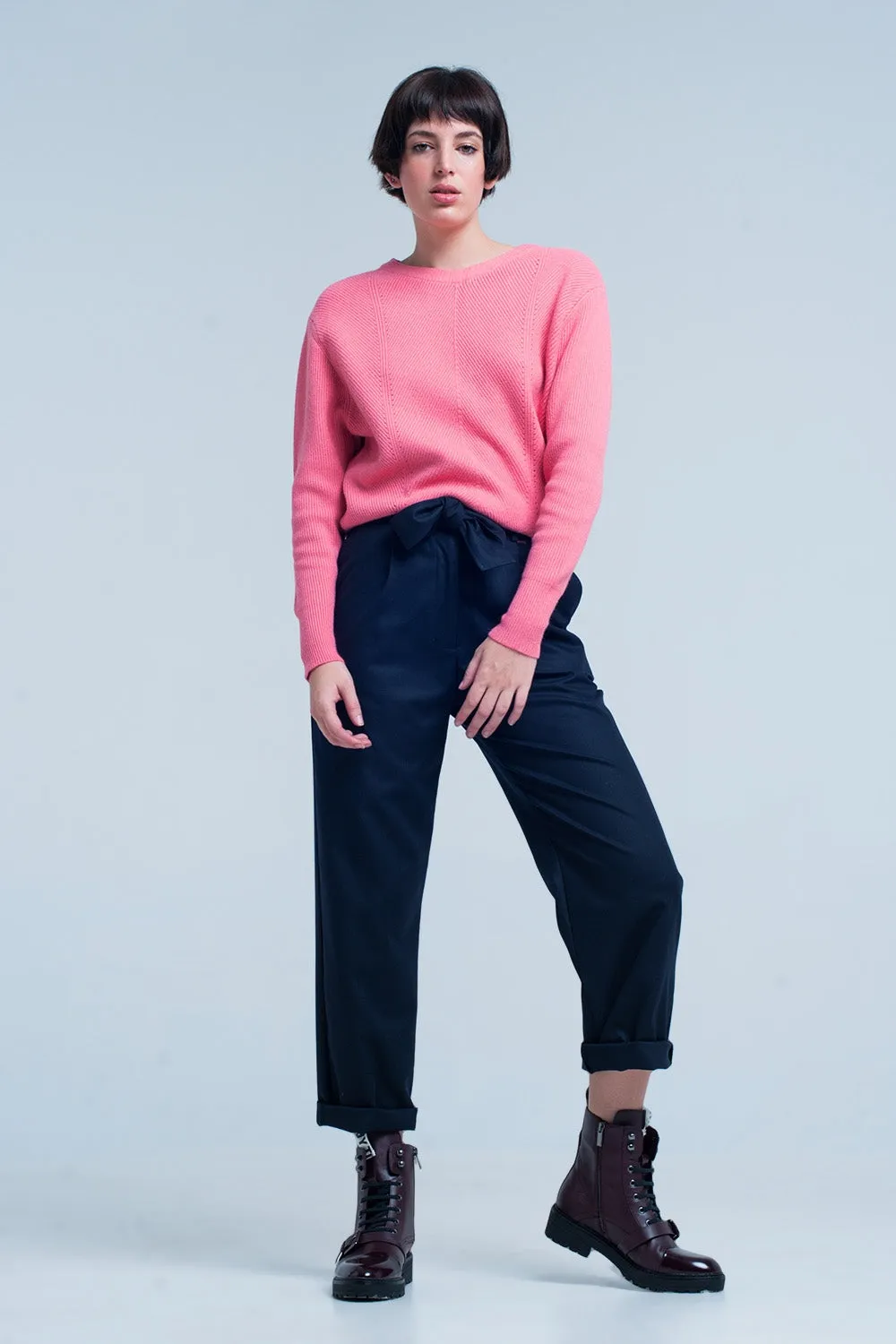 Pink Textured Sweater with Round Neck