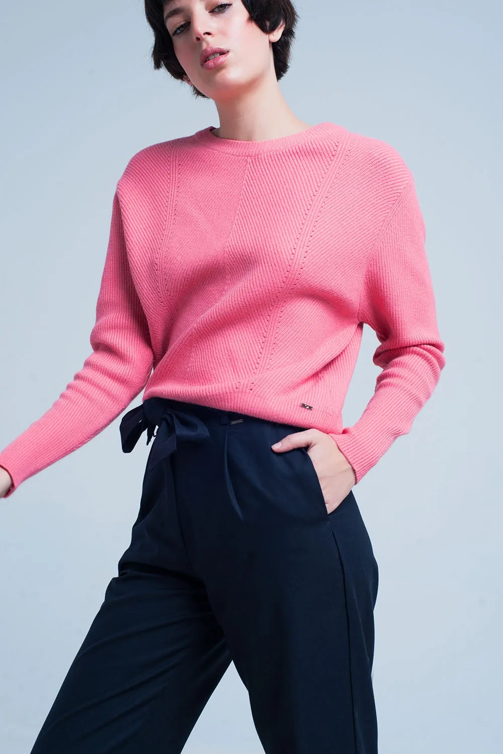 Pink Textured Sweater with Round Neck