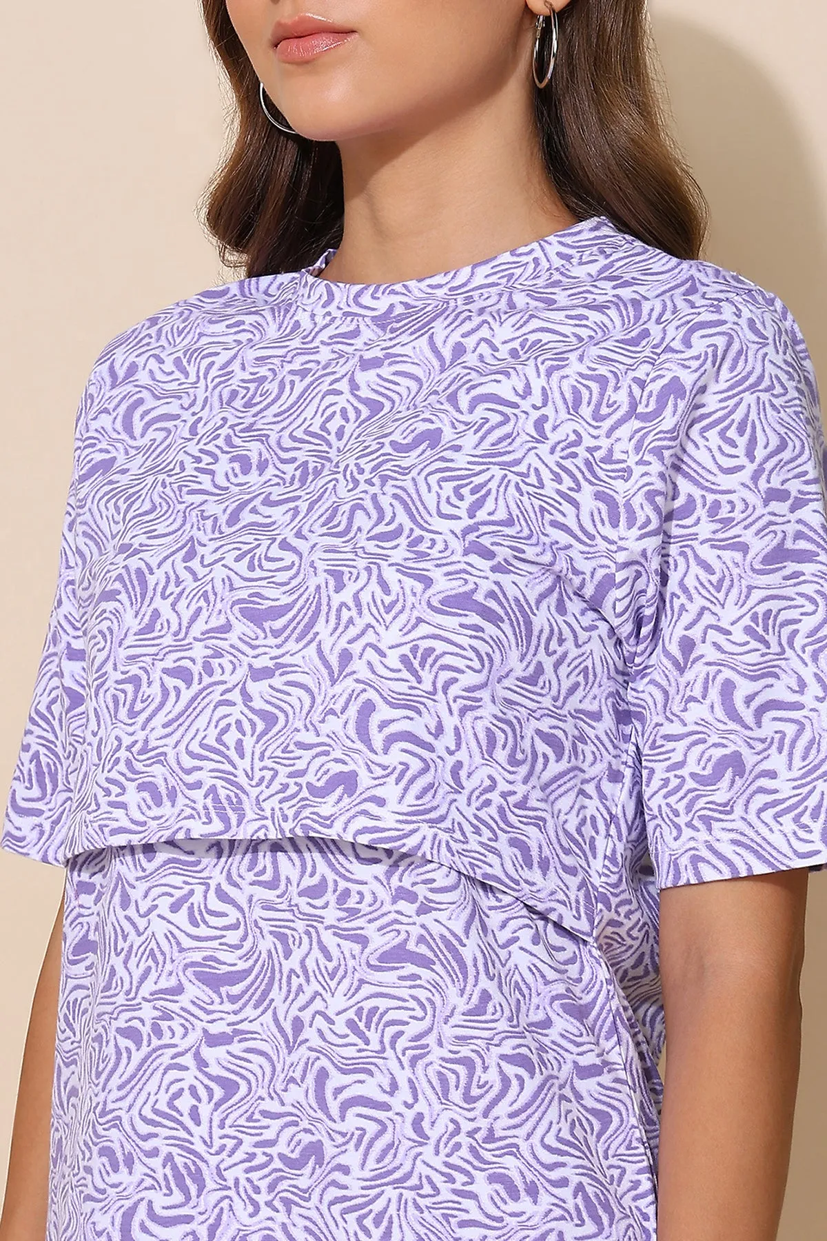 Purple All Over Printed 100% Soft Cotton Zipless Maternity Feeding Top