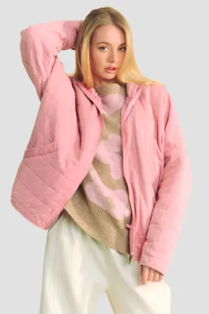 Quilted Zip-Up Dropped Shoulder Jacket Dusty Rose