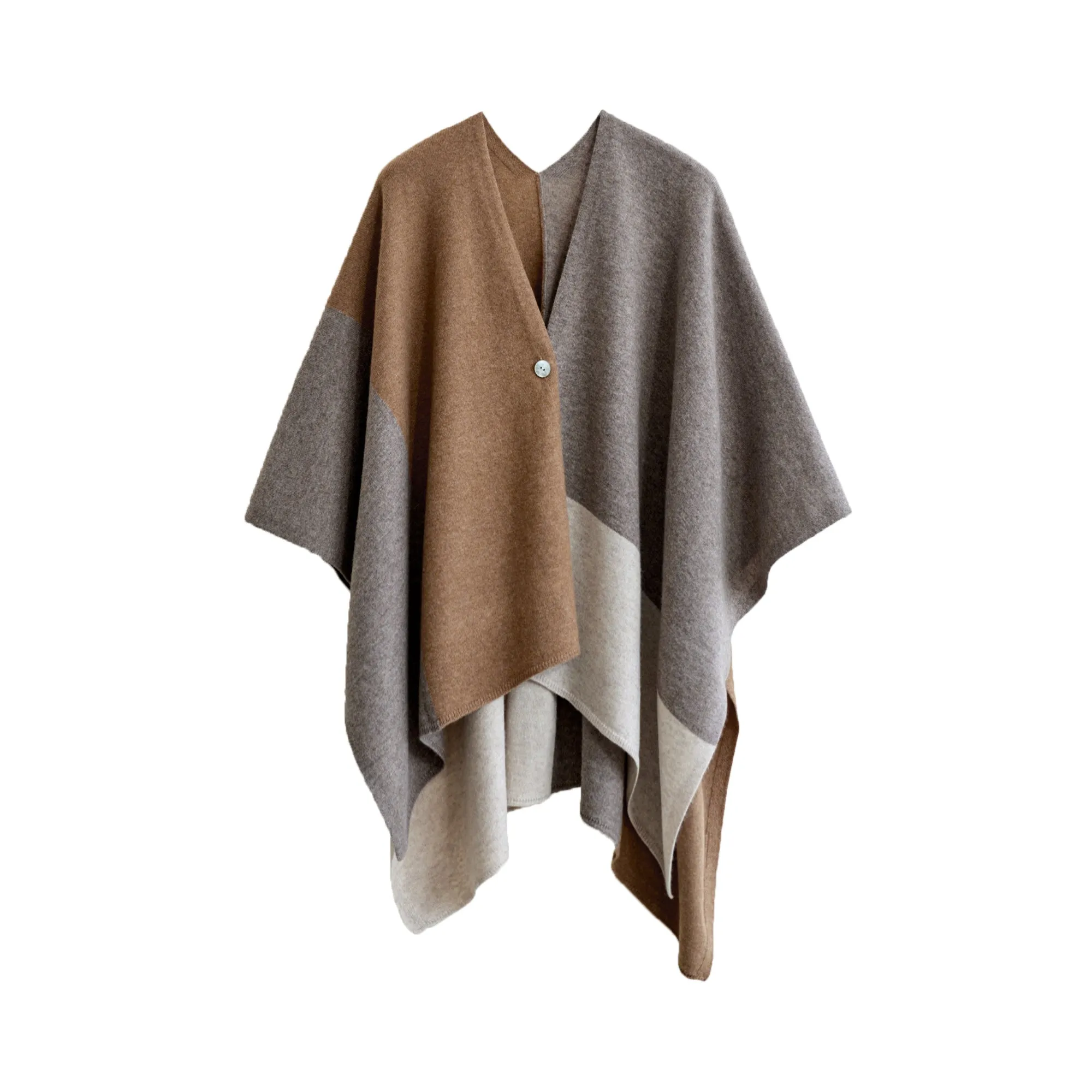 "Lost in Warmth" Wool-Cashmere Blend Wrap Cape - Coffee