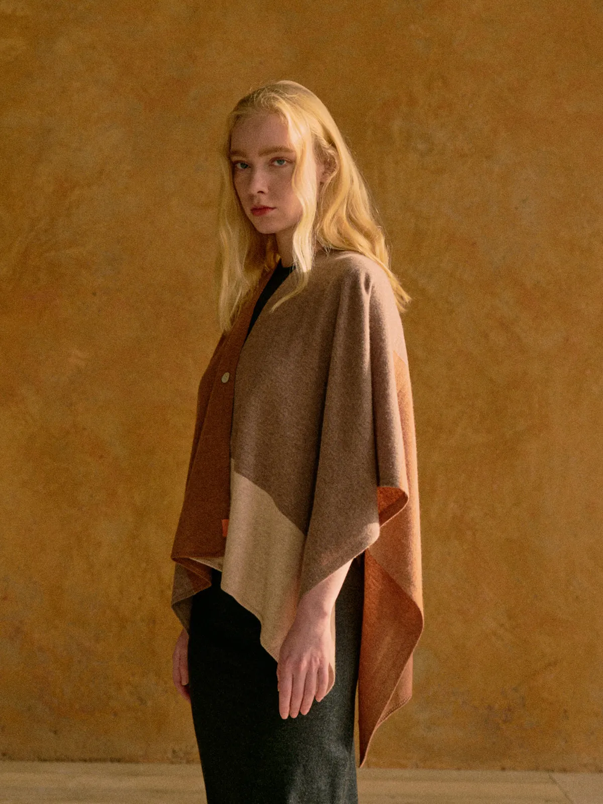 "Lost in Warmth" Wool-Cashmere Blend Wrap Cape - Coffee