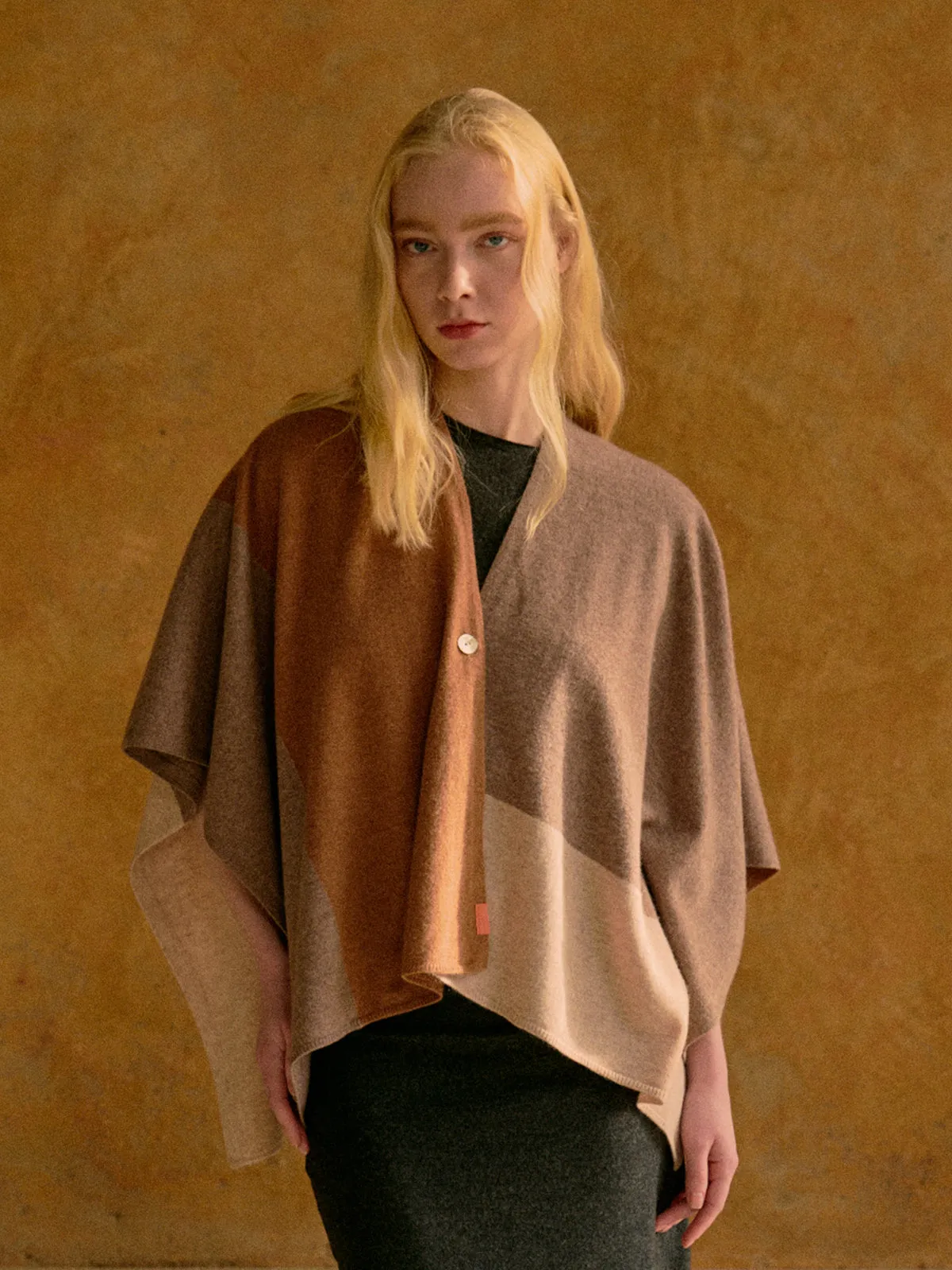 "Lost in Warmth" Wool-Cashmere Blend Wrap Cape - Coffee