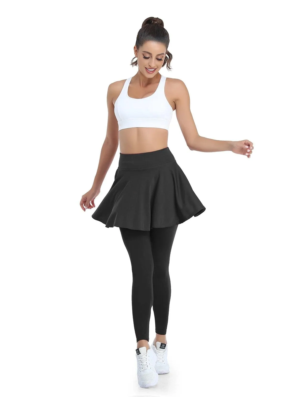 Solid Black Pleated Skirted Leggings For Women