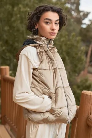 Taupe Velvet Sleeveless High Neck Hooded Puffer Vest /1-1-1-1