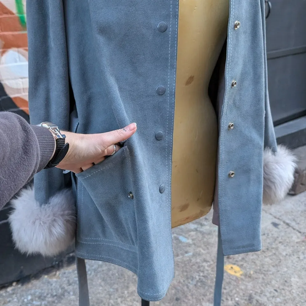 Vintage Blue Suede Faux Fur Penny Lane Jacket Groovy Furry Leather Trench Coat