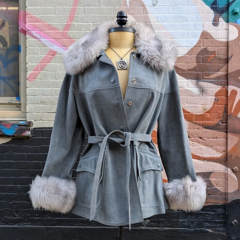 Vintage Blue Suede Faux Fur Penny Lane Jacket Groovy Furry Leather Trench Coat