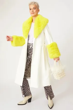 White Yellow Faux Leather Trench Coat with Faux Fur Collar and Cuffs