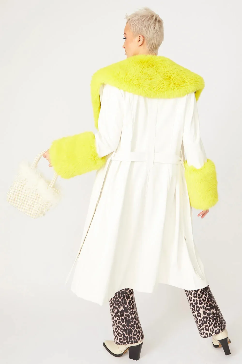 White Yellow Faux Leather Trench Coat with Faux Fur Collar and Cuffs