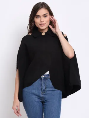 Women Black Collared  Knitted Loose Fit Poncho