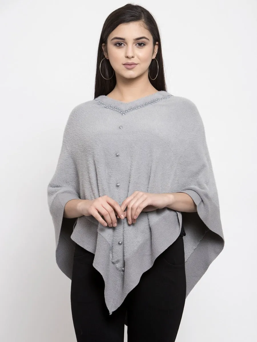 Women Grey Round Neck Loose Fit Poncho