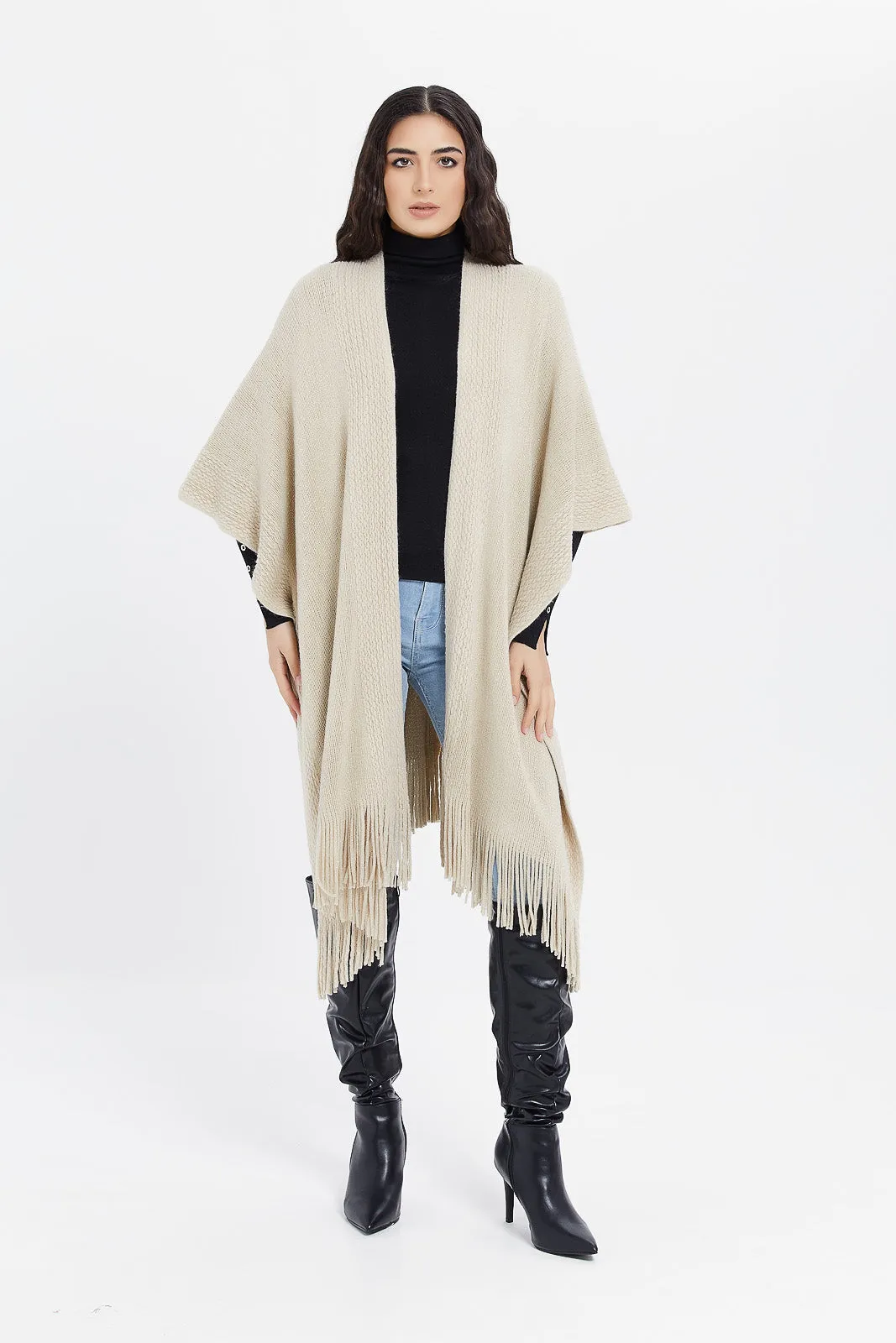 Women Ivory Knitted Poncho With Fringes Cardigan