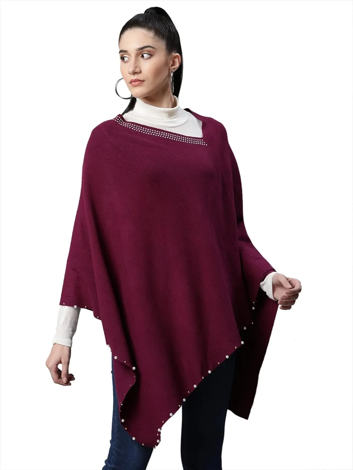 Women Solid Purple Woolen Loose Fit Casual Poncho