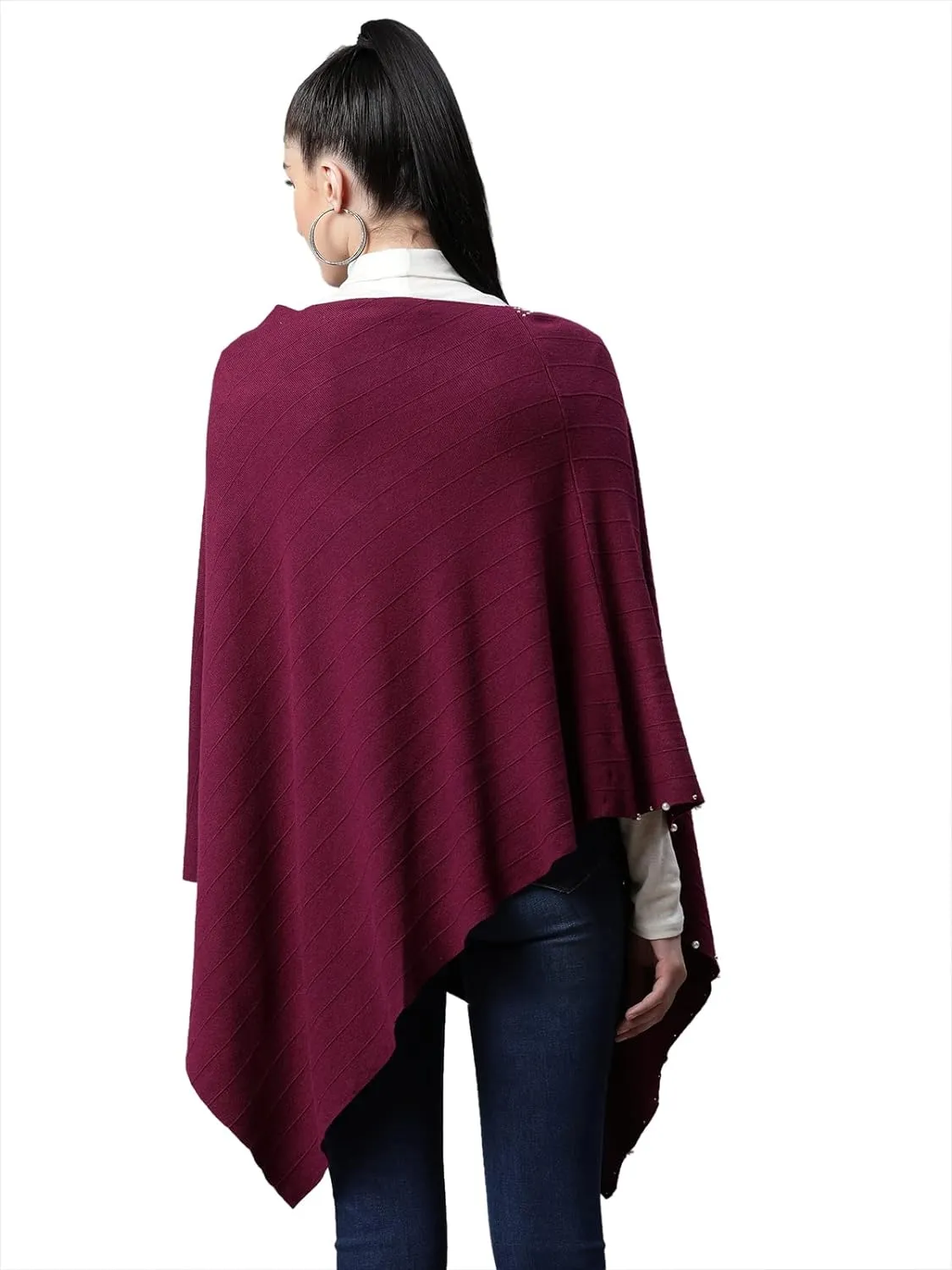 Women Solid Purple Woolen Loose Fit Casual Poncho