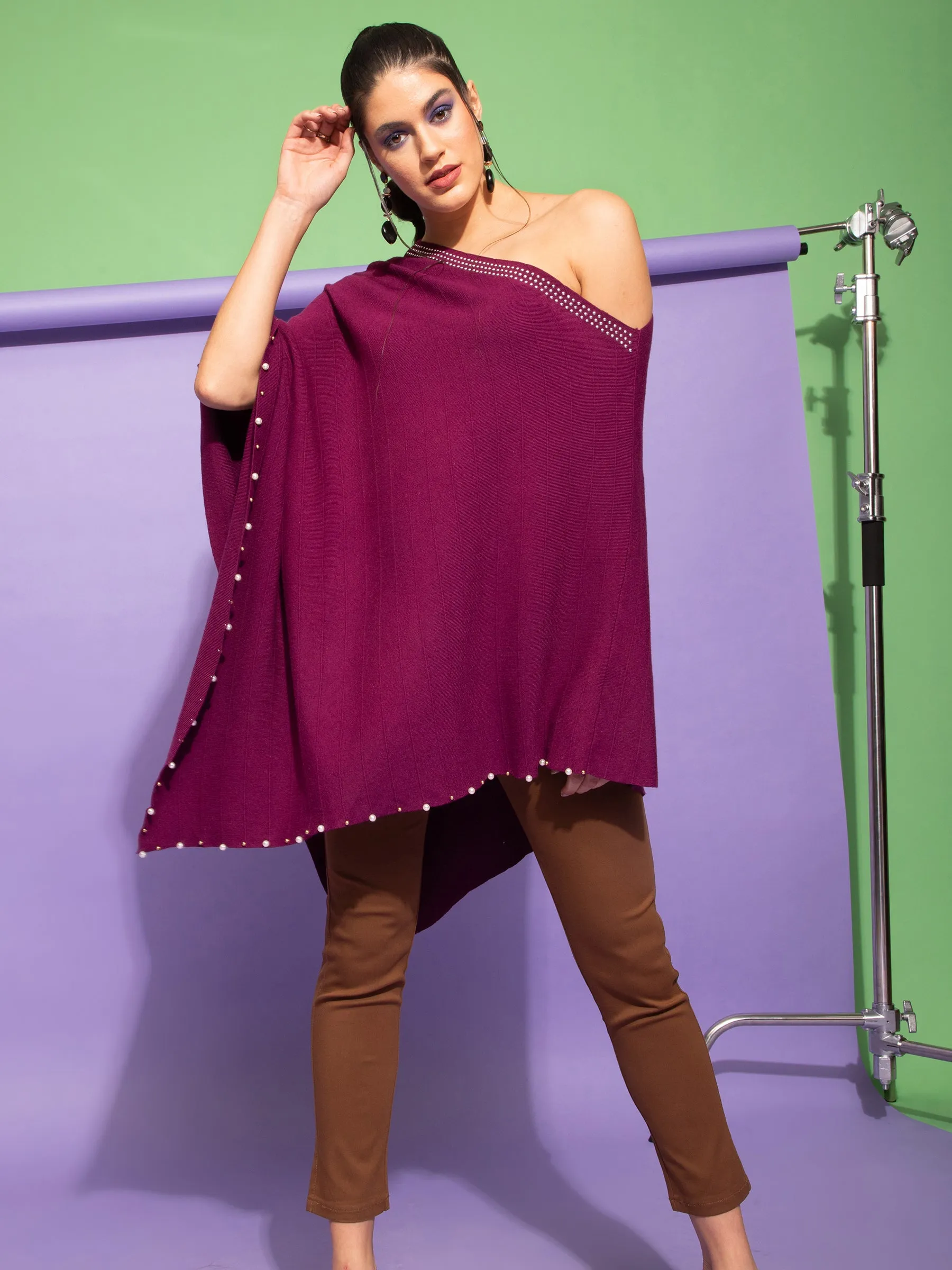 Women Solid Purple Woolen Loose Fit Casual Poncho