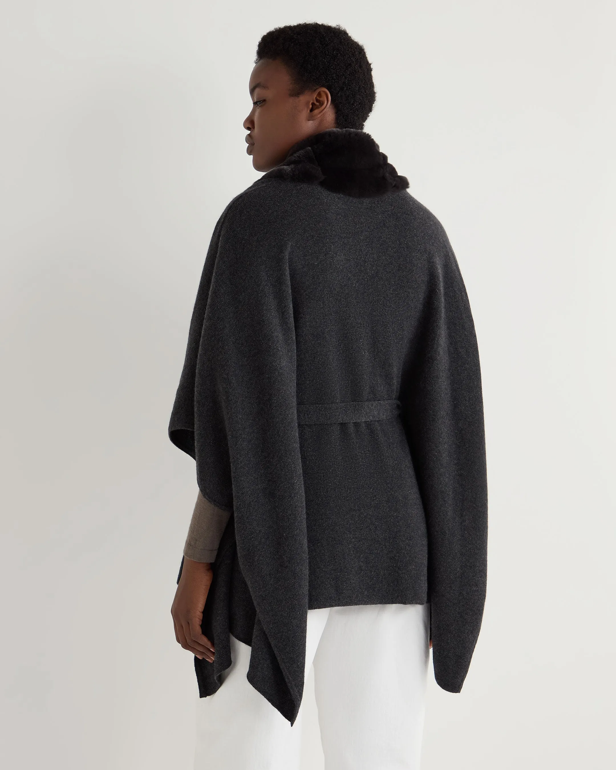 Women's Isabella Fur Trim Cashmere Cape Dark Charcoal Grey