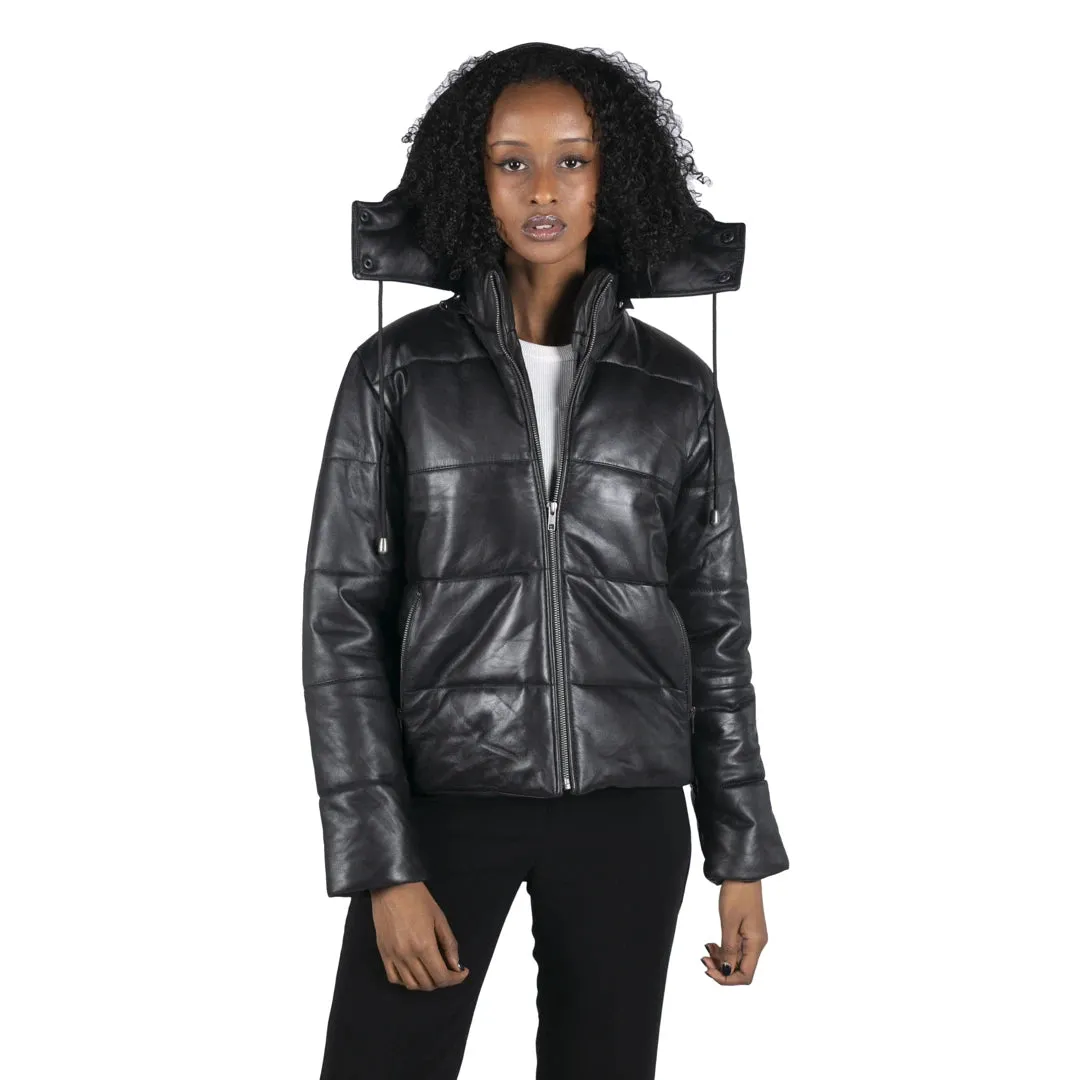 Women's Short Puffer Hood Jacket Leather Black 80s Classic