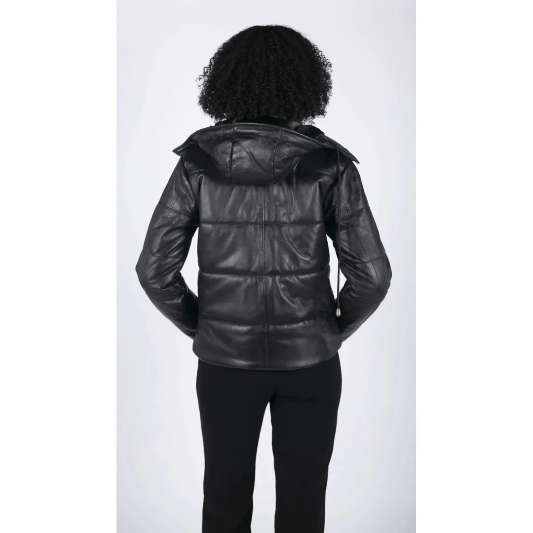 Women's Short Puffer Hood Jacket Leather Black 80s Classic