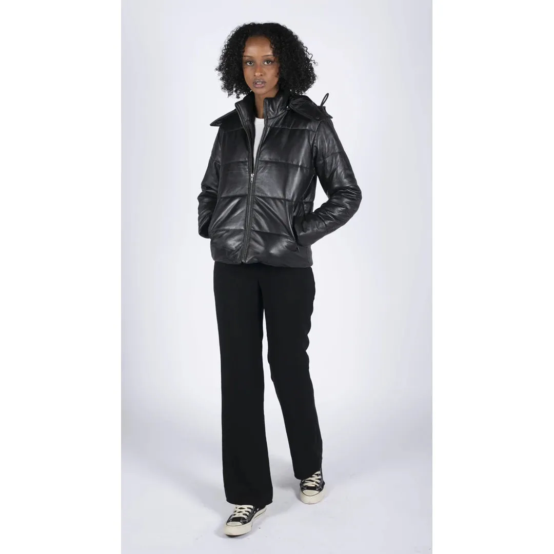 Women's Short Puffer Hood Jacket Leather Black 80s Classic