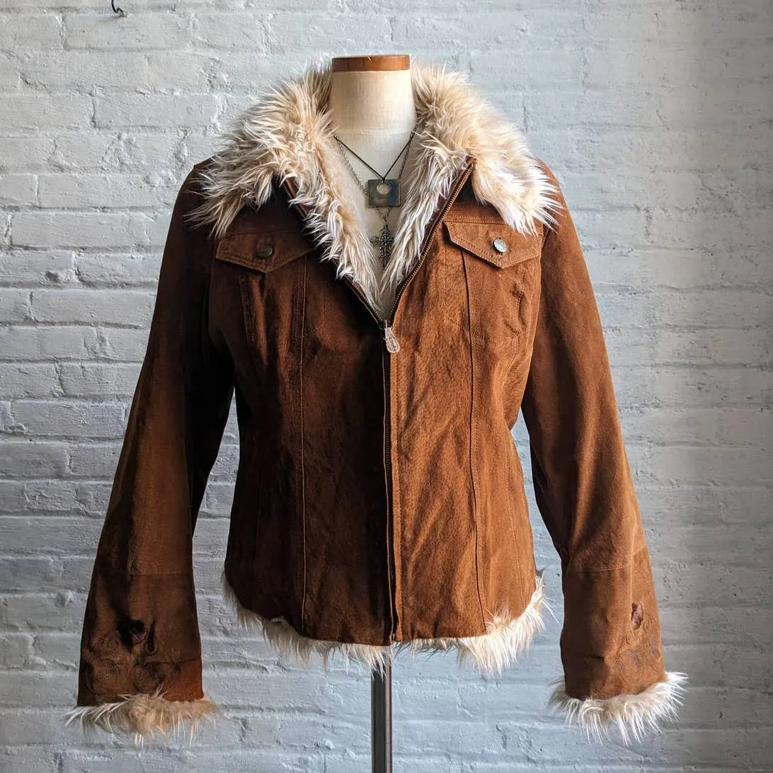 Y2K Vintage Furry Penny Lane Coat Genuine Suede Leather Vegan Fur Shag Jacket